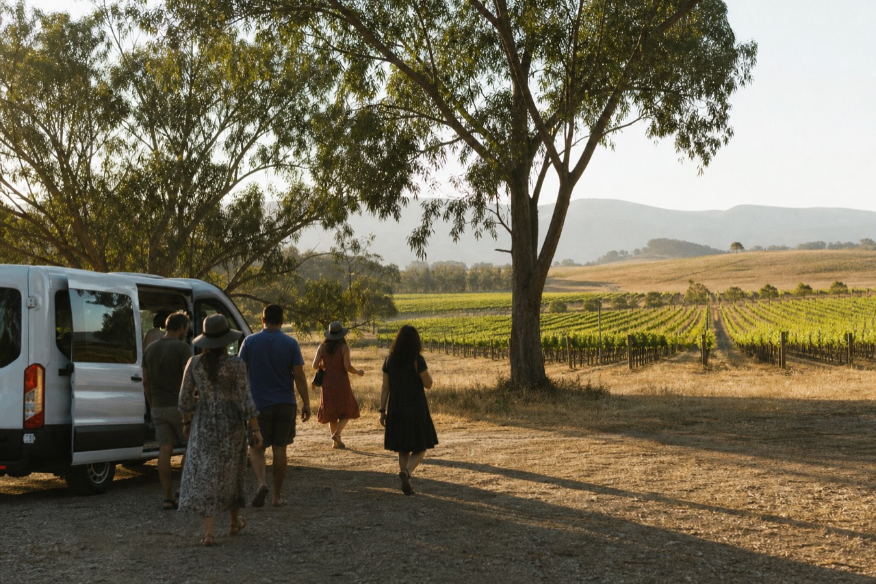 Group of travellers stepping off a small tour van at a cellar door with vineyard rows stretching behind them