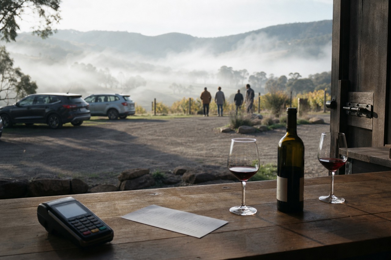 Card payment terminal on a cellar door counter beside a tasting list, two glasses and a purchased bottle