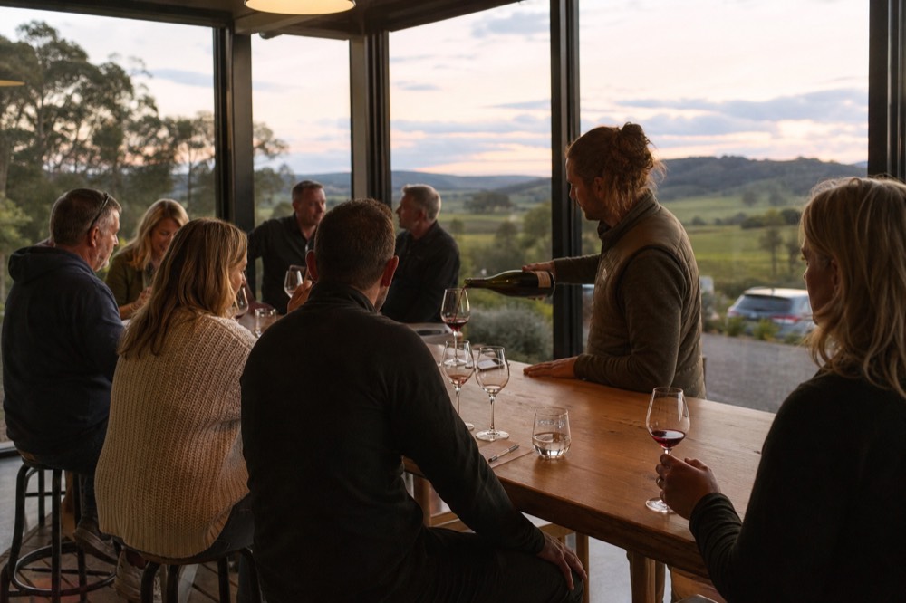 A small group of eight adults tasting at a long timber counter inside a light-filled peninsula cellar door, host pouring pinot noir, no branding visible