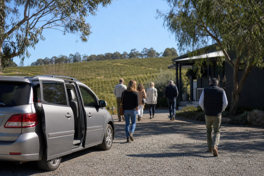 A small silver minivan parked on gravel outside a rural cellar door, its side door open, six guests walking toward the tasting room in soft morning light