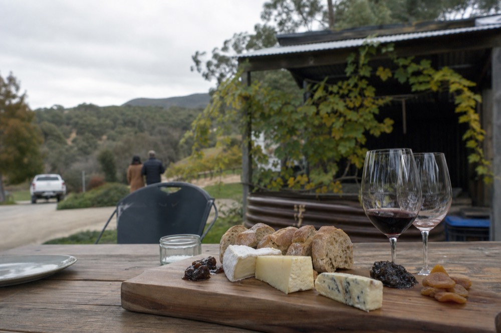 A wooden board of local cheeses, bread and preserves on an outdoor table with vines and a shed roof in the background