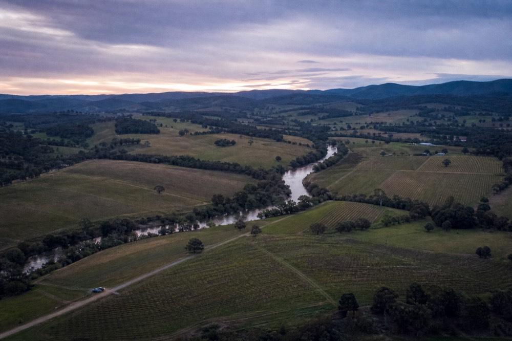 Aerial-style view of patchwork vineyard blocks and paddocks divided by tree lines and a winding river