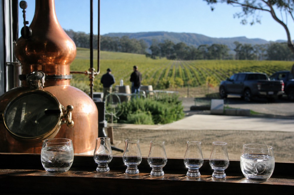 Copper gin still behind a tasting bar with small glasses of clear spirit and tonic set out on a wooden ledge