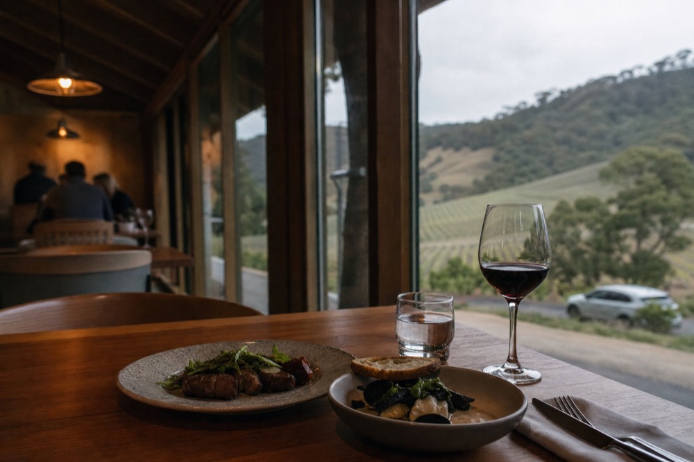 Plated two-course winery lunch with a glass of red wine beside it on a timber table overlooking a vineyard slope